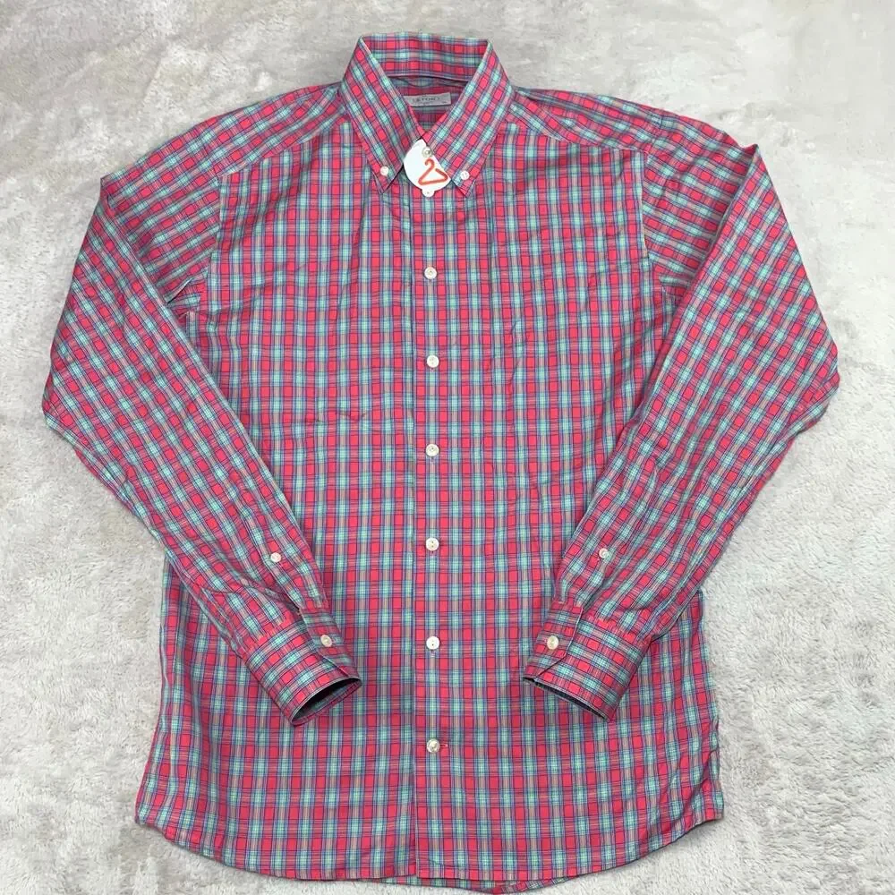 ETON Button Down Dress Shirt 15.5 / 39 Men Slim Salmon Coral Plaid Easter Spring